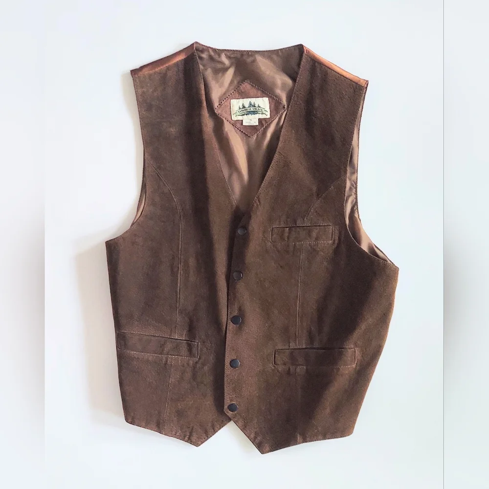 Timber Trail Snap Front Leather Vest Lined Back Nylon Mens Medium Brown